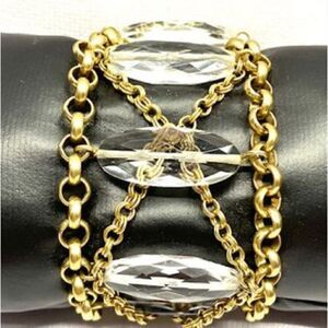 Brutalist Gold Tone Double Chain Link Bracelet with Faceted Clear Stones.